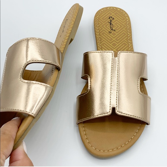 Rose Gold Metallic H Strap Slide Sandals Flat Slip On Summer Shoes - Picture 4 of 8